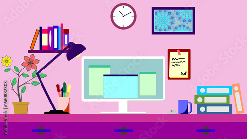 Modern Home Office Workspace, Digital Workspace and Study Desk, Organized Desktop Illustration