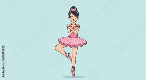 A graceful ballerina in a pink tutu performs a ballet pose, balancing on one leg with arms crossed.