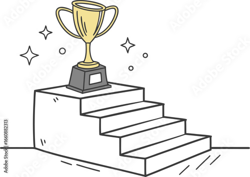 Vector illustration of a golden trophy placed on a podium with stairs