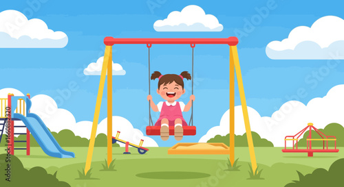 A cheerful little girl with pigtails swings high on a red swing set in a vibrant playground under a sunny sky.