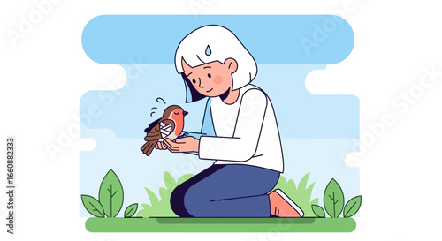 A young woman kneels in a grassy field, gently holding an injured robin in her hands, looking at it with concern.