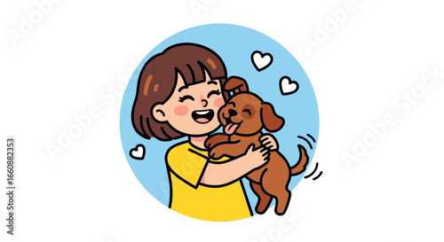 A cheerful child embraces and hugs a happy puppy, showing affection and love.