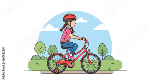 A young girl with braids wearing a red helmet rides a red bicycle with training wheels in a park on a sunny day.