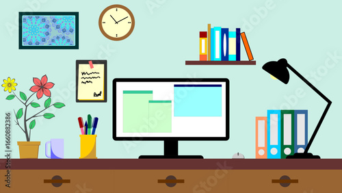 Modern Home Office Workspace, Digital Workspace and Study Desk, Organized Desktop Illustration