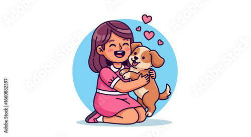 A joyful girl kneels and embraces a small, happy puppy, surrounded by hearts.