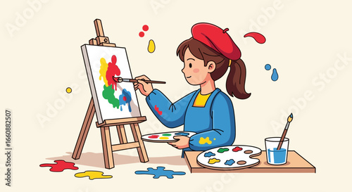 A young girl wearing a red beret paints a colorful abstract artwork on a canvas with a brush and palette.