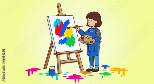 Young girl artist painting a vibrant abstract piece on an easel.