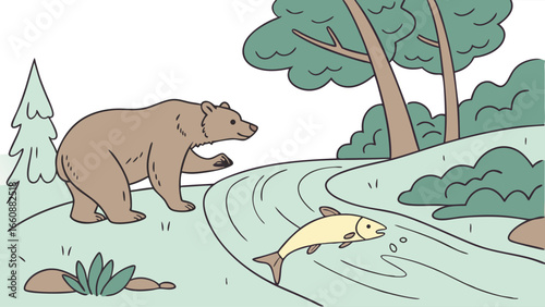 Brown bear approaching a fish in river.