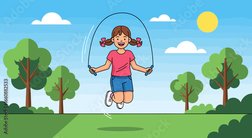 A young girl happily jumping rope in a sunny park, enjoying outdoor exercise.