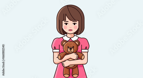 A girl in a pink dress holds a teddy bear, conveying a feeling of comfort and security.