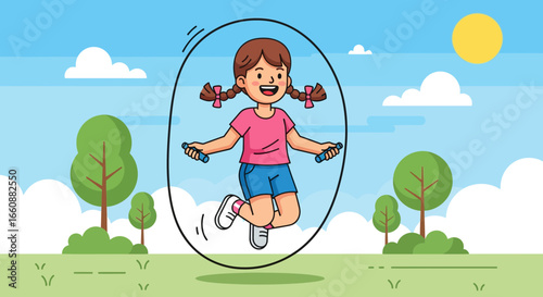 Smiling girl joyfully jumping rope outdoors in a park setting.