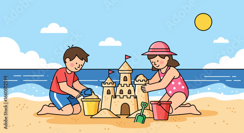Two children building a sandcastle on a sunny beach.
