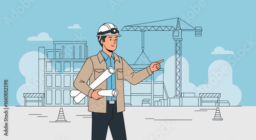 Construction engineer reviewing blueprints, pointing at building site.