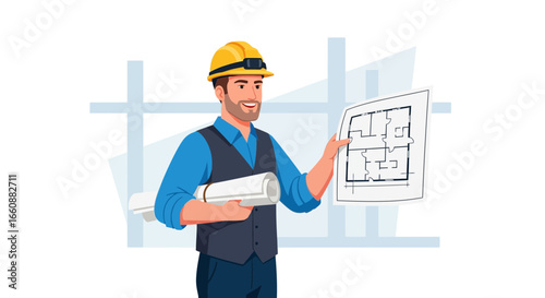Smiling construction worker or architect wearing a hard hat holds a blueprint and rolled up plans in front of a building framework.