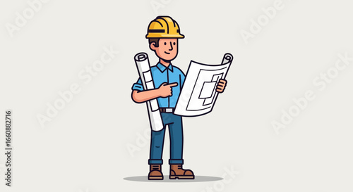 Smiling engineer reviewing blueprints, holding rolled plans.