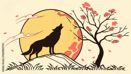 a wolf howls at the full moon.