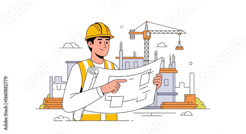 Construction worker reviewing blueprints, overseeing a building site with a crane.
