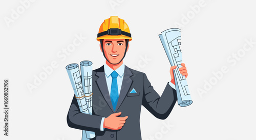 Confident architect holding blueprints, ready for construction project.