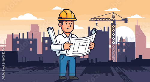 Construction engineer reviewing blueprints at a city building site.