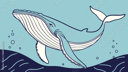 a blue and white whale swimming in the ocean.