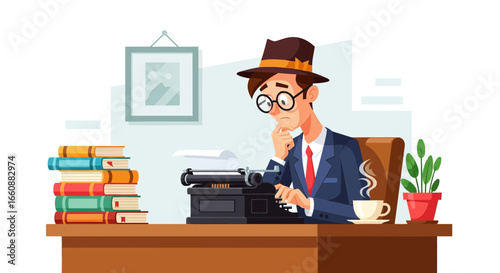 A pensive writer types on an antique typewriter at his desk, surrounded by books and a warm drink.
