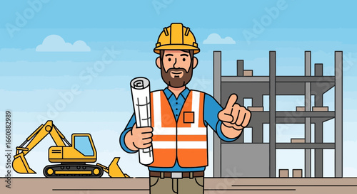 A construction worker giving a thumbs up, holding blueprints, near a building site.