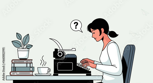 A woman sits at a desk, typing on a vintage typewriter, reflecting on her work.