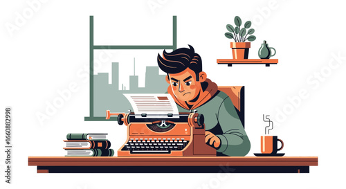 Cartoon illustration of a man intently typing on a vintage typewriter at a desk near a window, with books and coffee nearby.