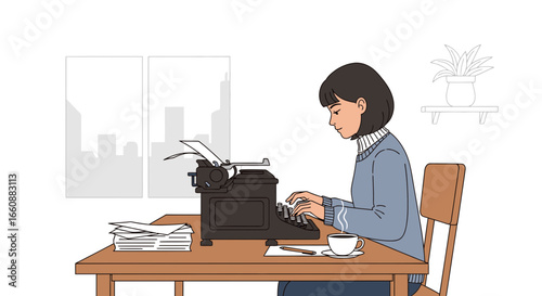 Woman diligently types on vintage typewriter, papers scattered, coffee nearby, home office setting.