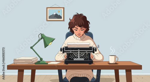 Illustration of a person sitting at a desk, typing on a vintage typewriter, with a lamp, mug, and picture on the wall.