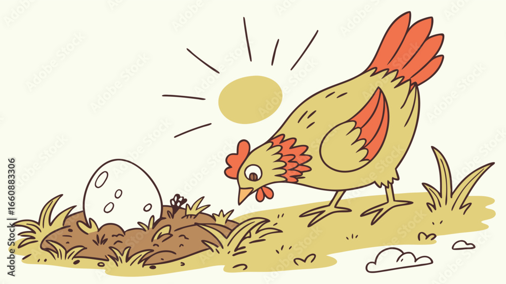 Naklejka premium A cartoon chicken standing next to an egg.
