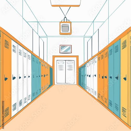 A colorful school hallway with lockers.