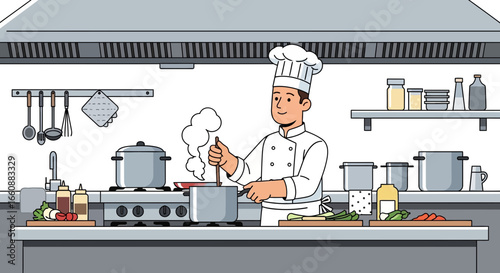 Chef skillfully prepares a dish in a professional kitchen, stirring a steaming pot.