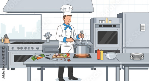 Professional chef stirring a pot on a stove in a commercial kitchen, preparing food with fresh ingredients.