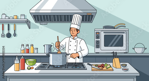 Chef in a modern kitchen, stirring a pot over a stove.