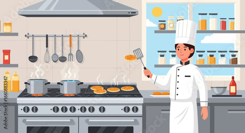 A chef in a white uniform cooking food with various kitchen equipment in a restaurant kitchen.