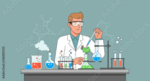A cartoon scientist in a lab coat conducts an experiment using beakers, test tubes, and a dropper, surrounded by scientific apparatus and diagrams.