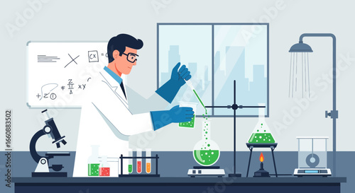 Scientist conducts experiment in a modern laboratory, pouring liquid into flask.