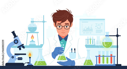 A scientist in a lab coat examines a chemical solution, surrounded by lab equipment.