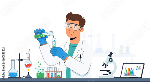 A scientist in a lab coat pours a green liquid from a beaker into a test tube during an experiment.