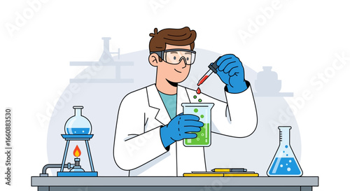 Cartoon scientist in lab coat conducting experiment with beakers and dropper.