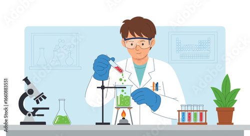 Scientist conducts experiment, mixing liquids in lab.