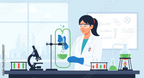 A female scientist conducting an experiment in a laboratory setting, using various scientific equipment.