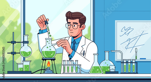 Cartoon scientist in a lab coat conducts an experiment, dripping liquid into a flask with green solution, surrounded by lab equipment.