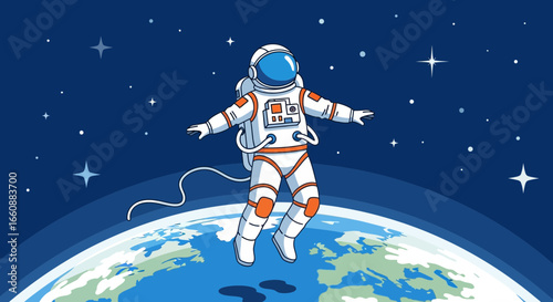 Astronaut floats serenely above Earth, arms outstretched, amidst stars.