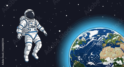 An astronaut floats in space, observing Earth from a distance, with stars visible.