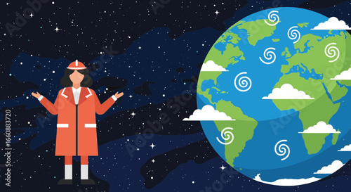 Illustration of a person in an orange suit standing next to a globe with swirling clouds, set against a starry background.