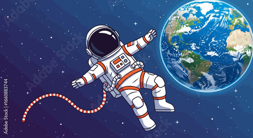 An astronaut floats in space, with Earth visible in the background, a cosmic scene.