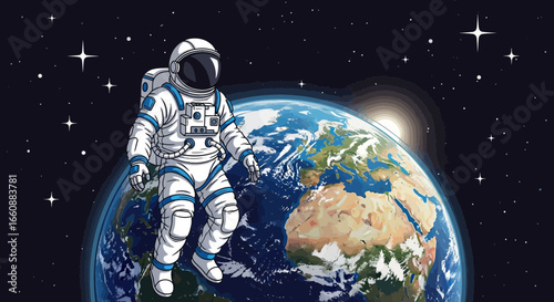 Astronaut floating above Earth in space, detailed illustration.