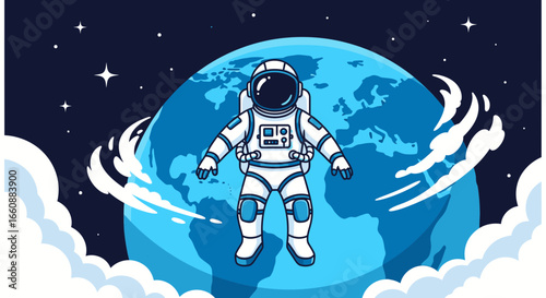 An astronaut floats in space, observing Earth, surrounded by clouds and stars.